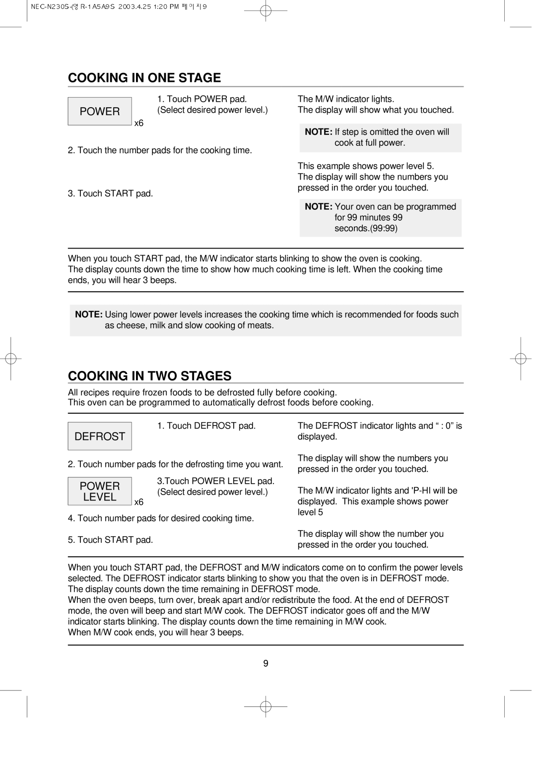 NEC N230S manual Cooking in ONE Stage, Cooking in TWO Stages, Power 