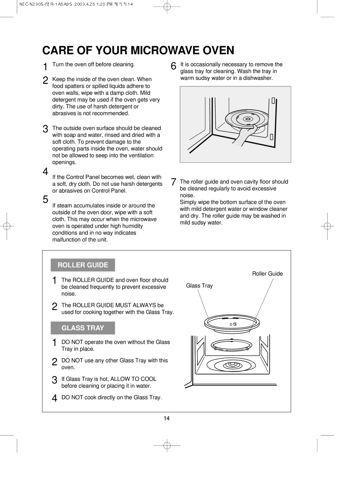 NEC N230S manual Care of Your Microwave Oven, Roller Guide 