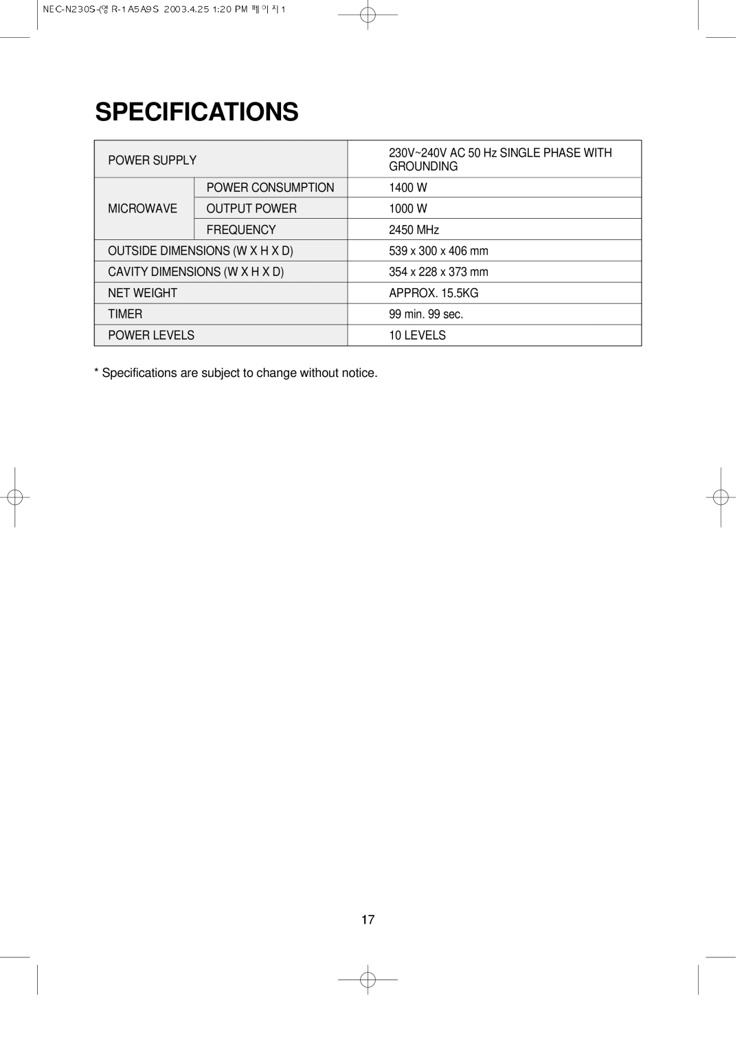 NEC N230S manual Specifications 