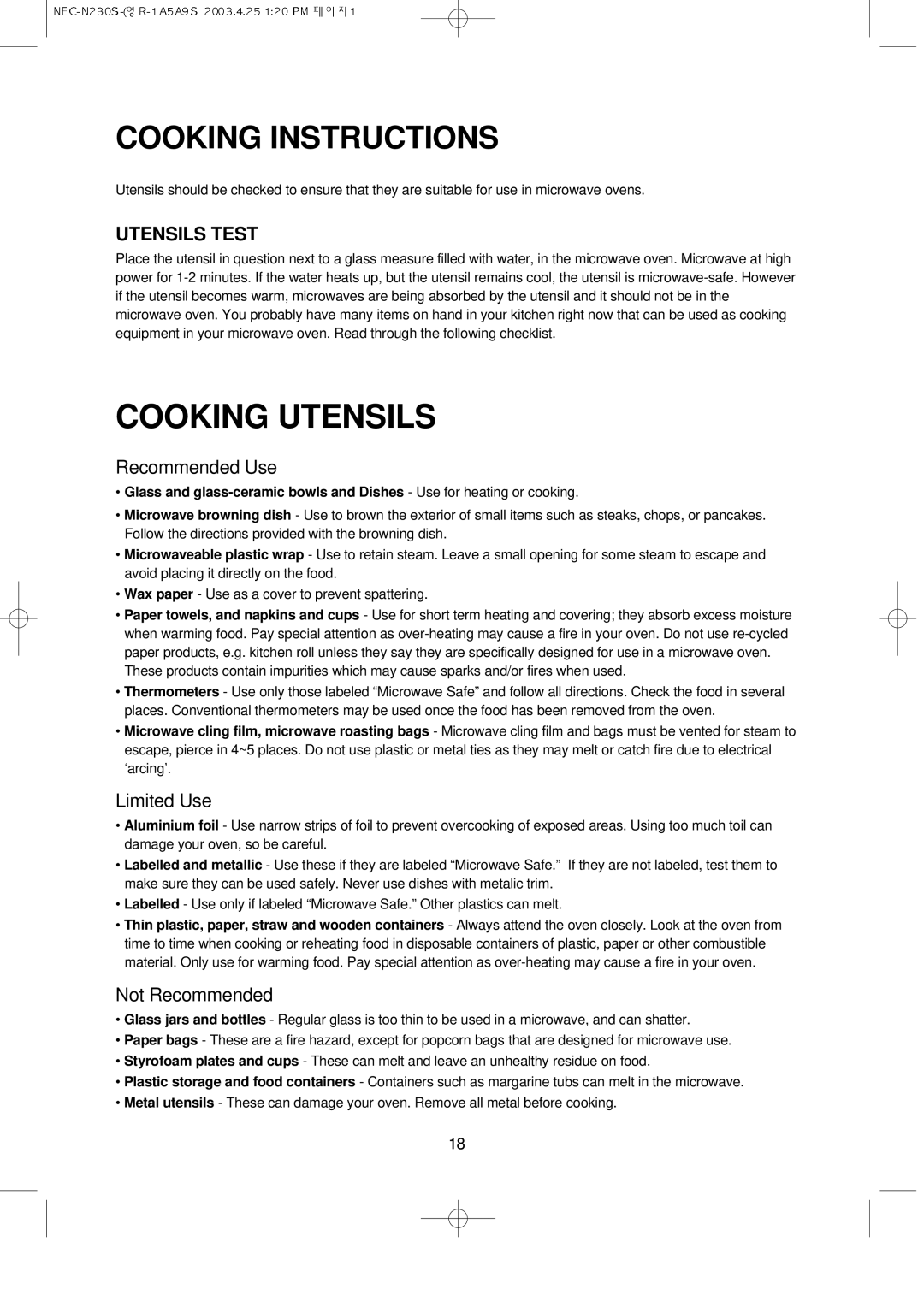 NEC N230S manual Cooking Instructions, Utensils Test 