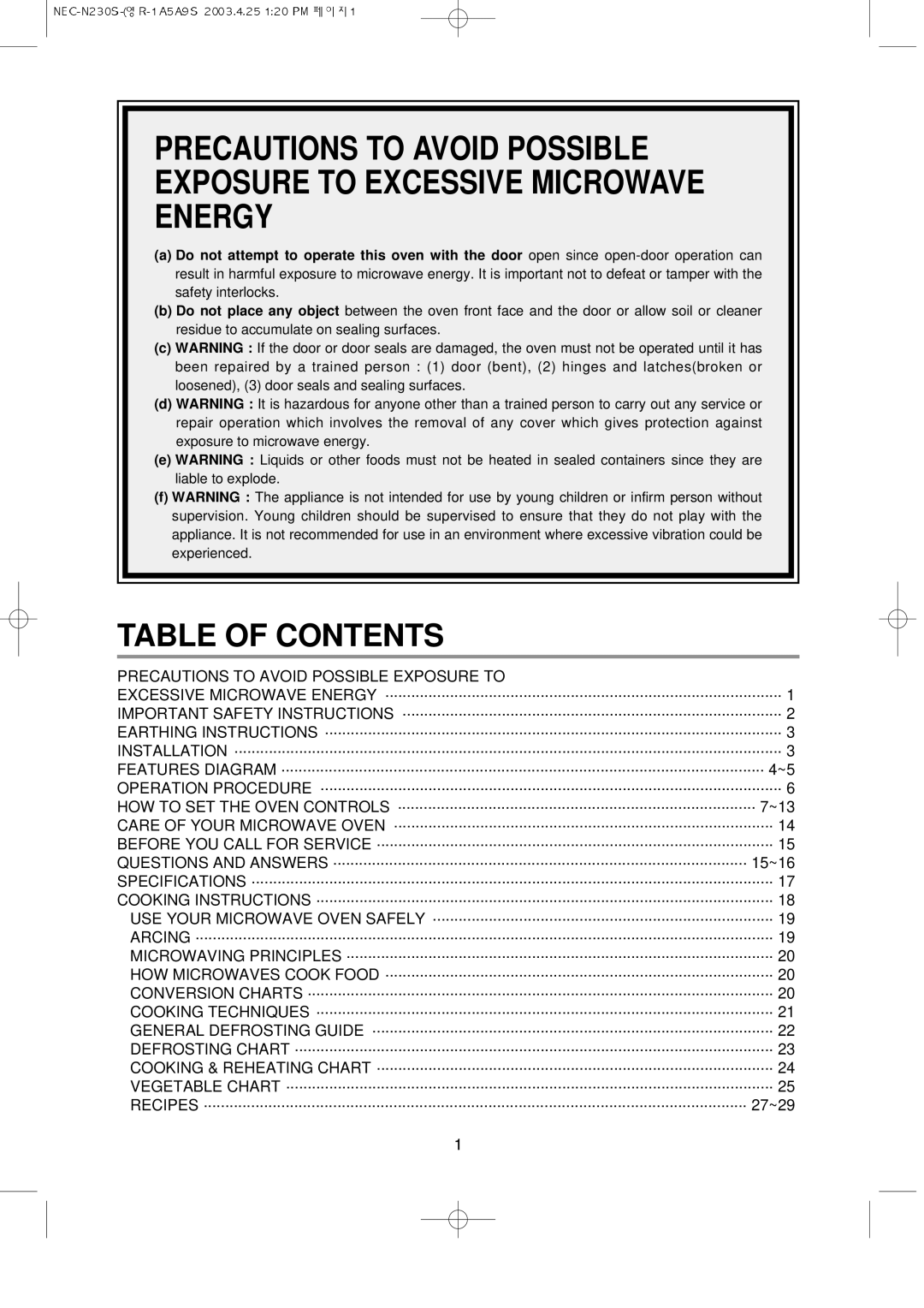 NEC N230S manual Table of Contents 