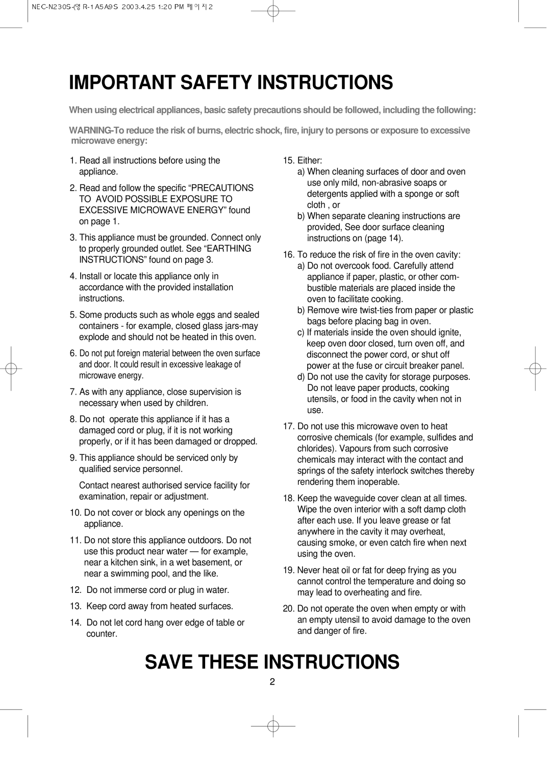 NEC N230S manual Important Safety Instructions 