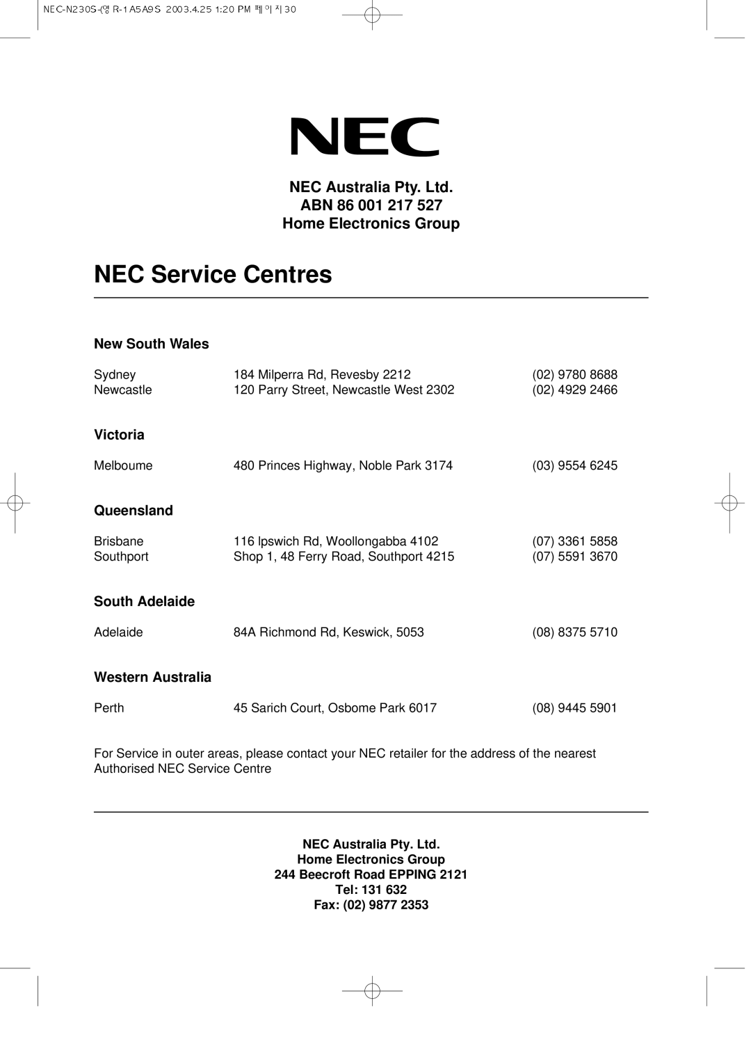 NEC N230S manual NEC Service Centres 