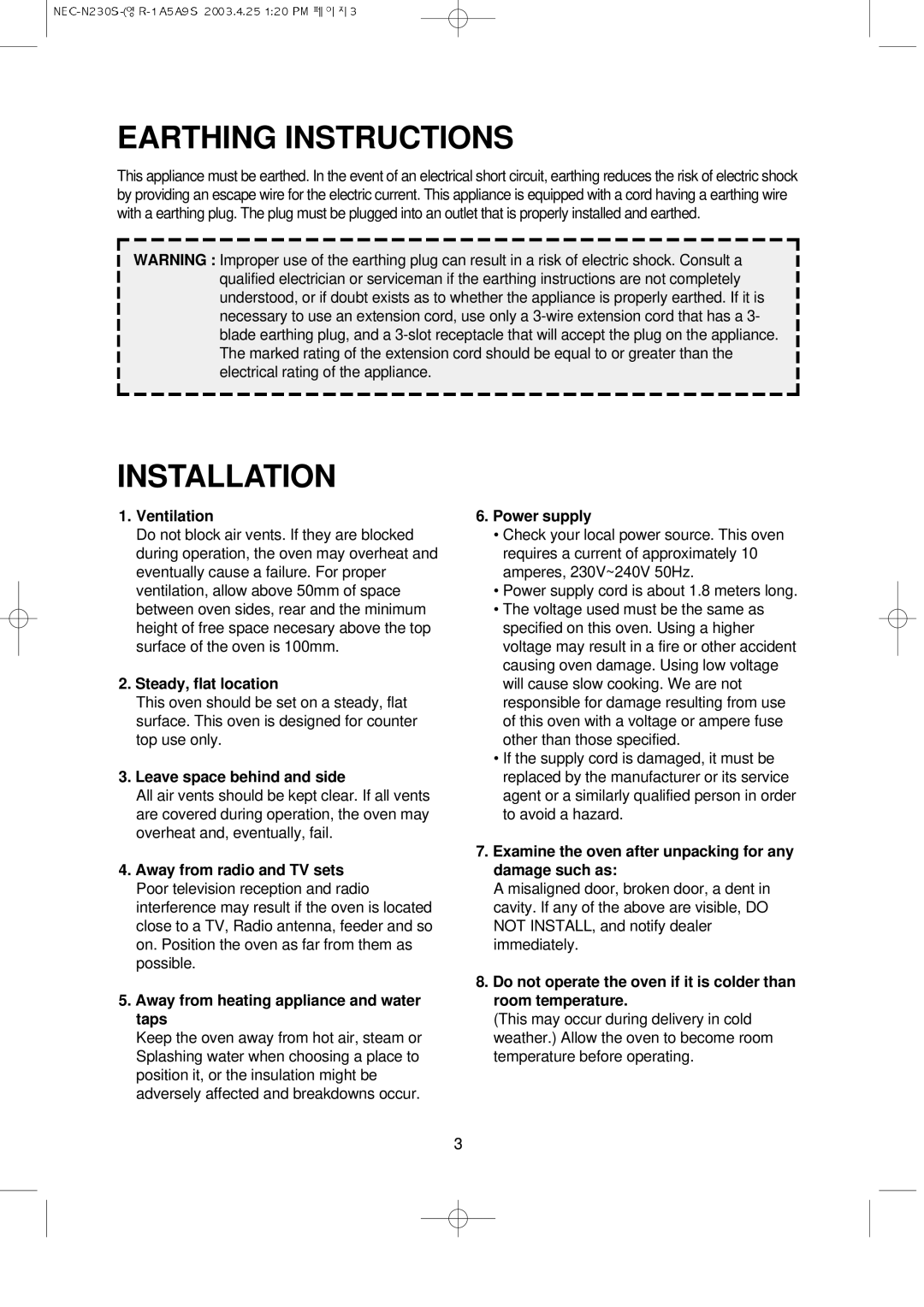 NEC N230S manual Earthing Instructions, Installation 