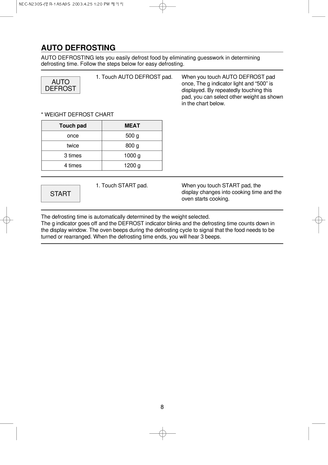 NEC N230S manual Auto Defrosting, Start, Touch pad, Meat 