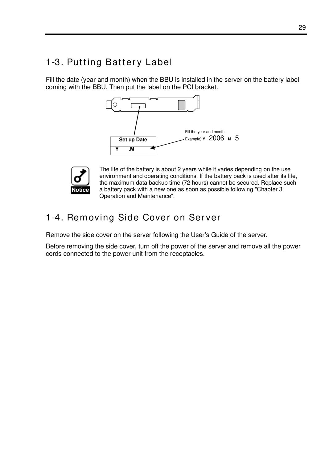 NEC N8103-102 manual Putting Battery Label, Removing Side Cover on Server 