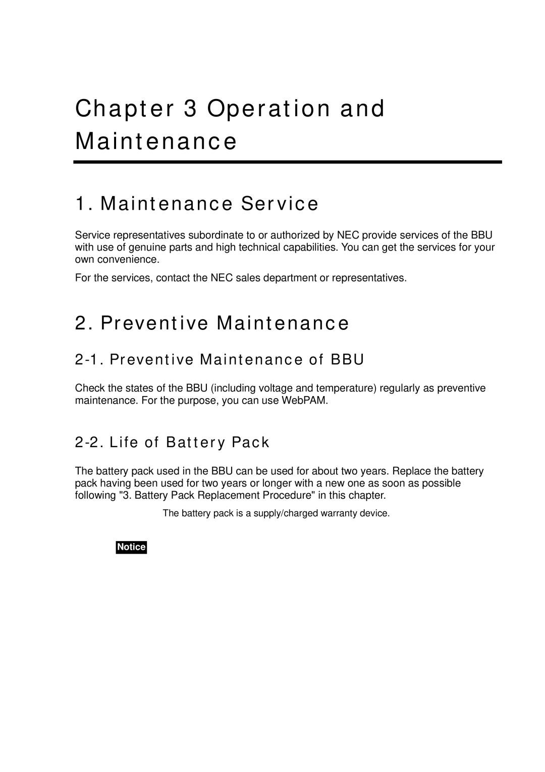 NEC N8103-102 manual Maintenance Service, Preventive Maintenance of BBU, Life of Battery Pack 