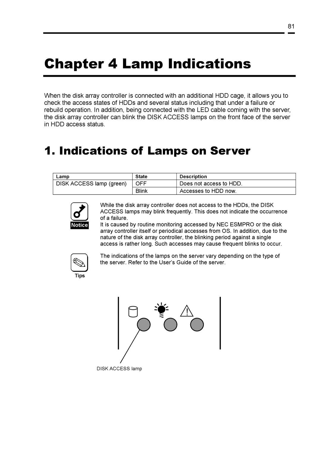 NEC N8103-89 manual Lamp Indications, Indications of Lamps on Server 