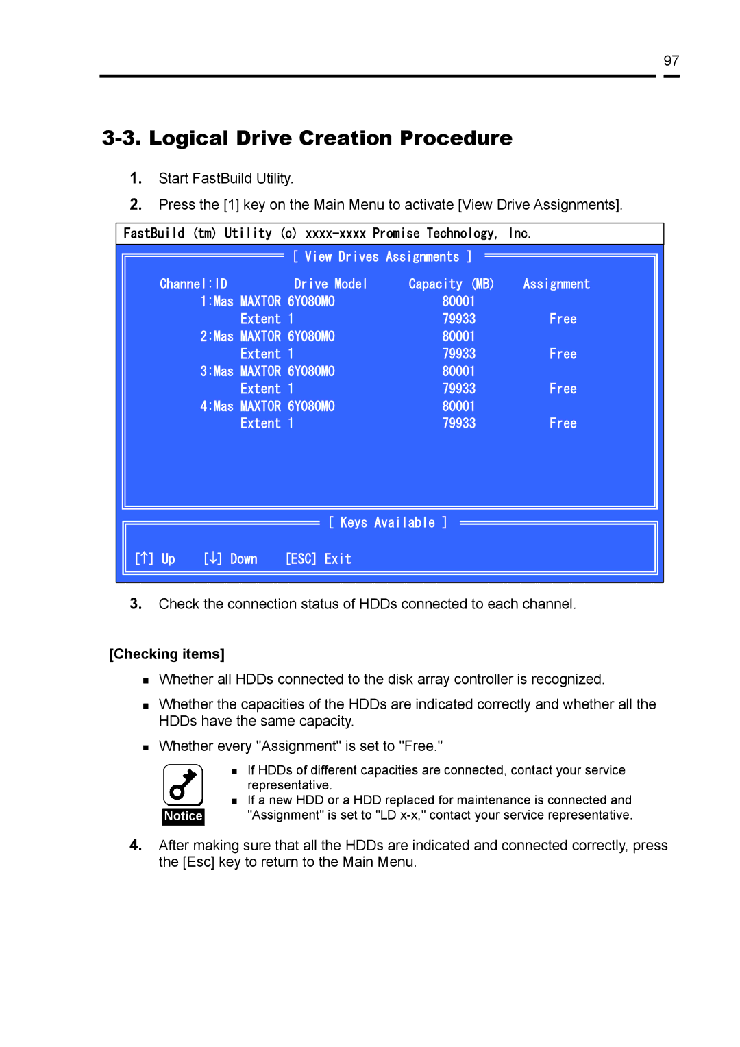 NEC N8103-89 manual Logical Drive Creation Procedure, Checking items 