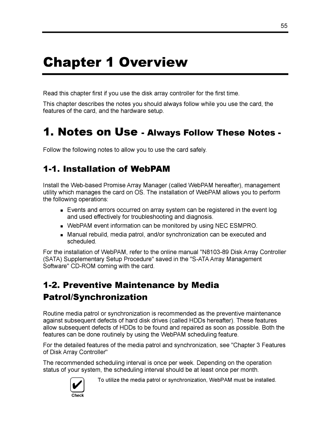 NEC N8103-89 manual Installation of WebPAM, Preventive Maintenance by Media Patrol/Synchronization 