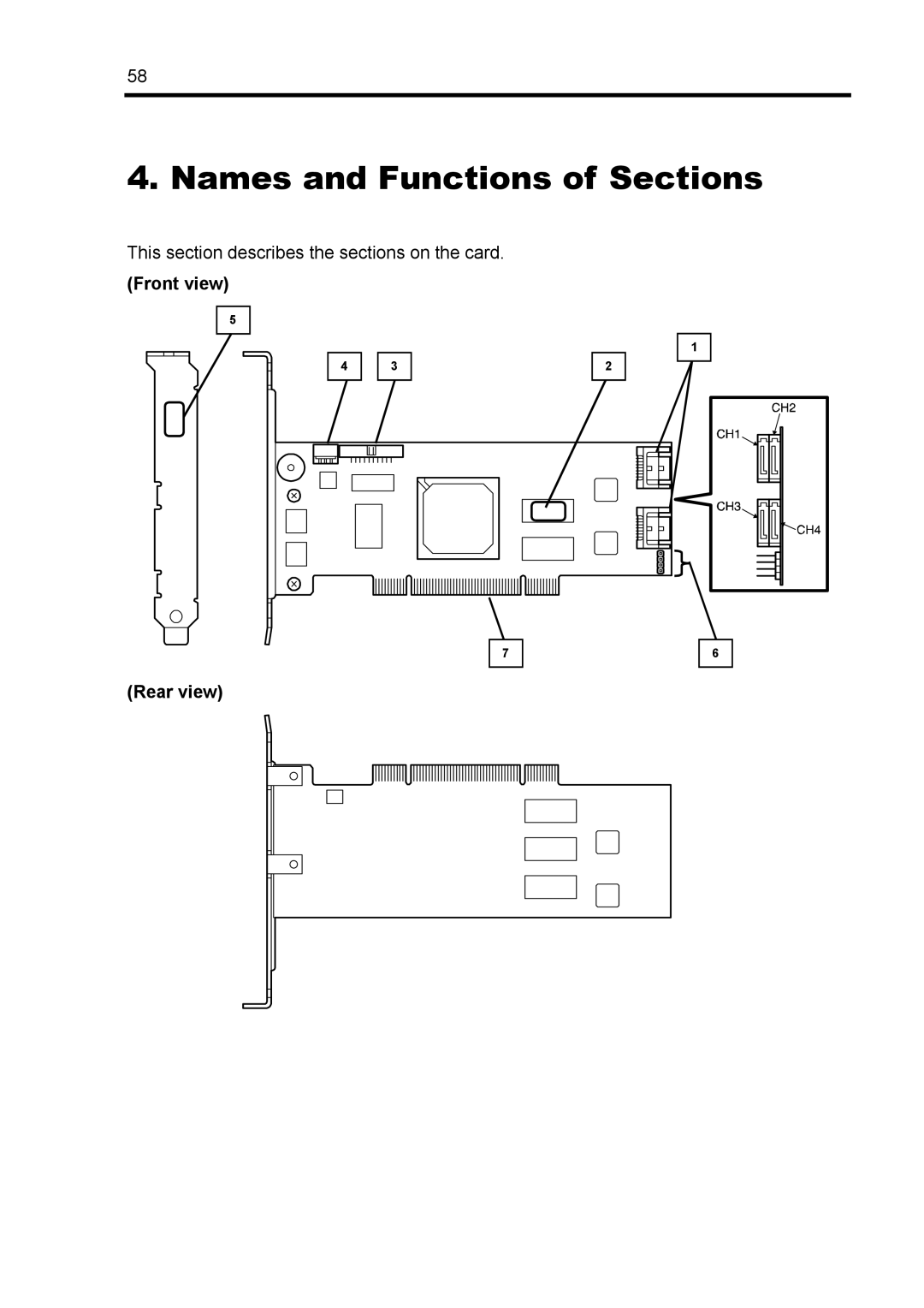 NEC N8103-89 manual Names and Functions of Sections, This section describes the sections on the card, Front view Rear view 