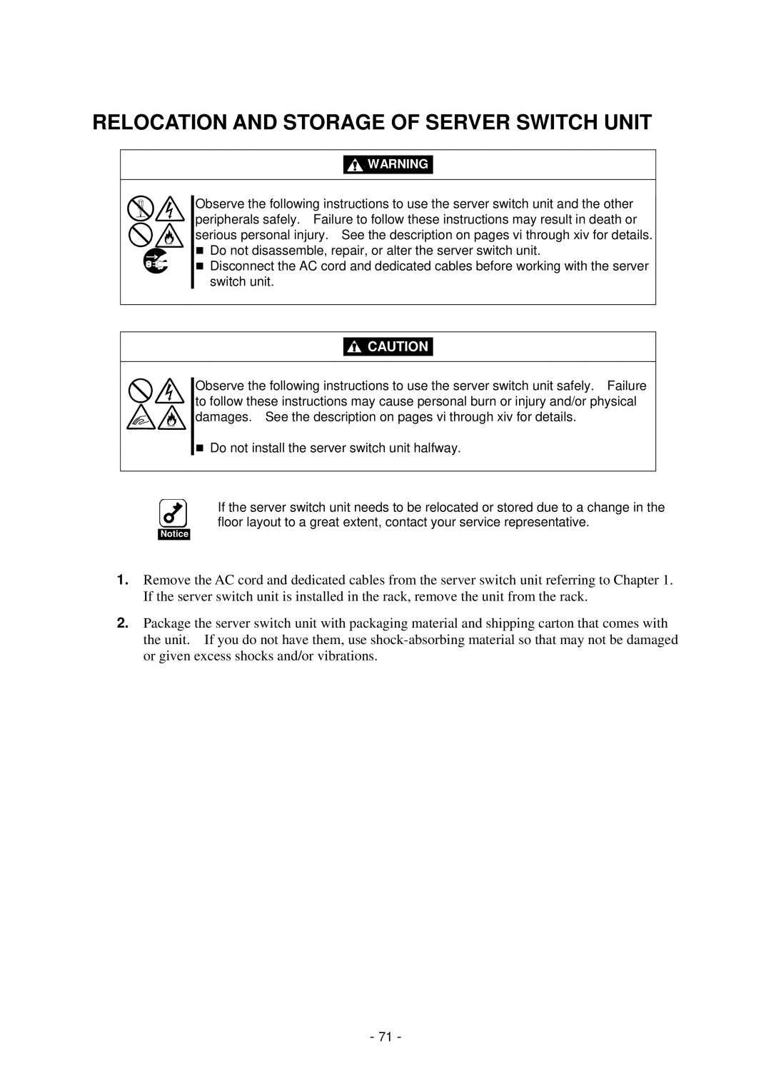 NEC N8191-09 manual Relocation and Storage of Server Switch Unit 