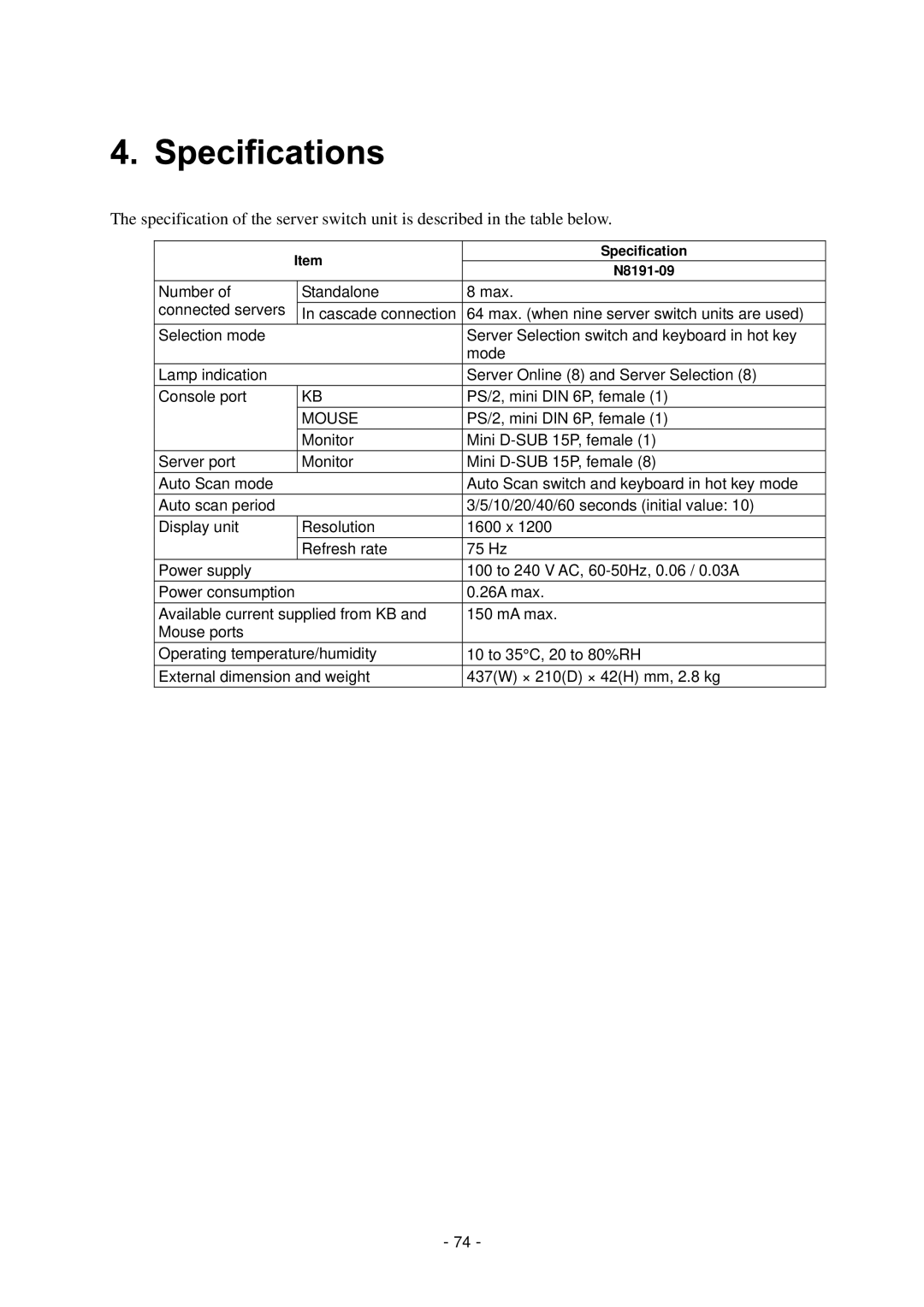 NEC N8191-09 manual Specification 