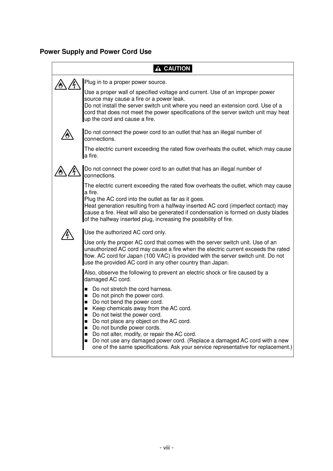 NEC N8191-09 manual Power Supply and Power Cord Use 