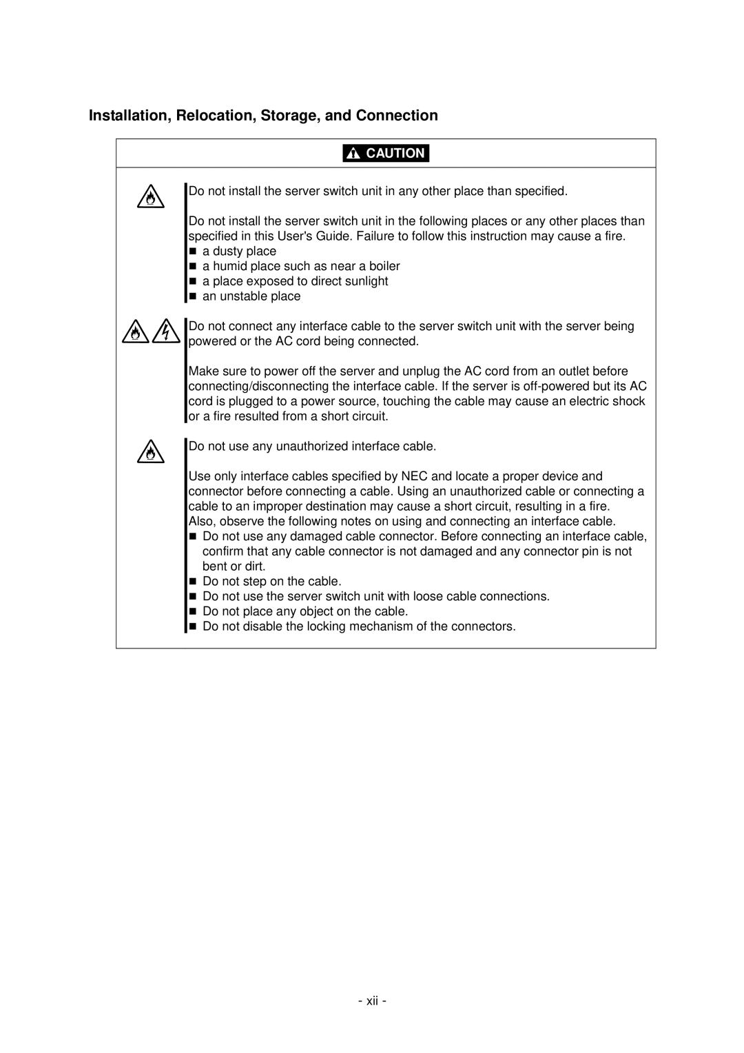 NEC N8191-09 manual Installation, Relocation, Storage, and Connection 