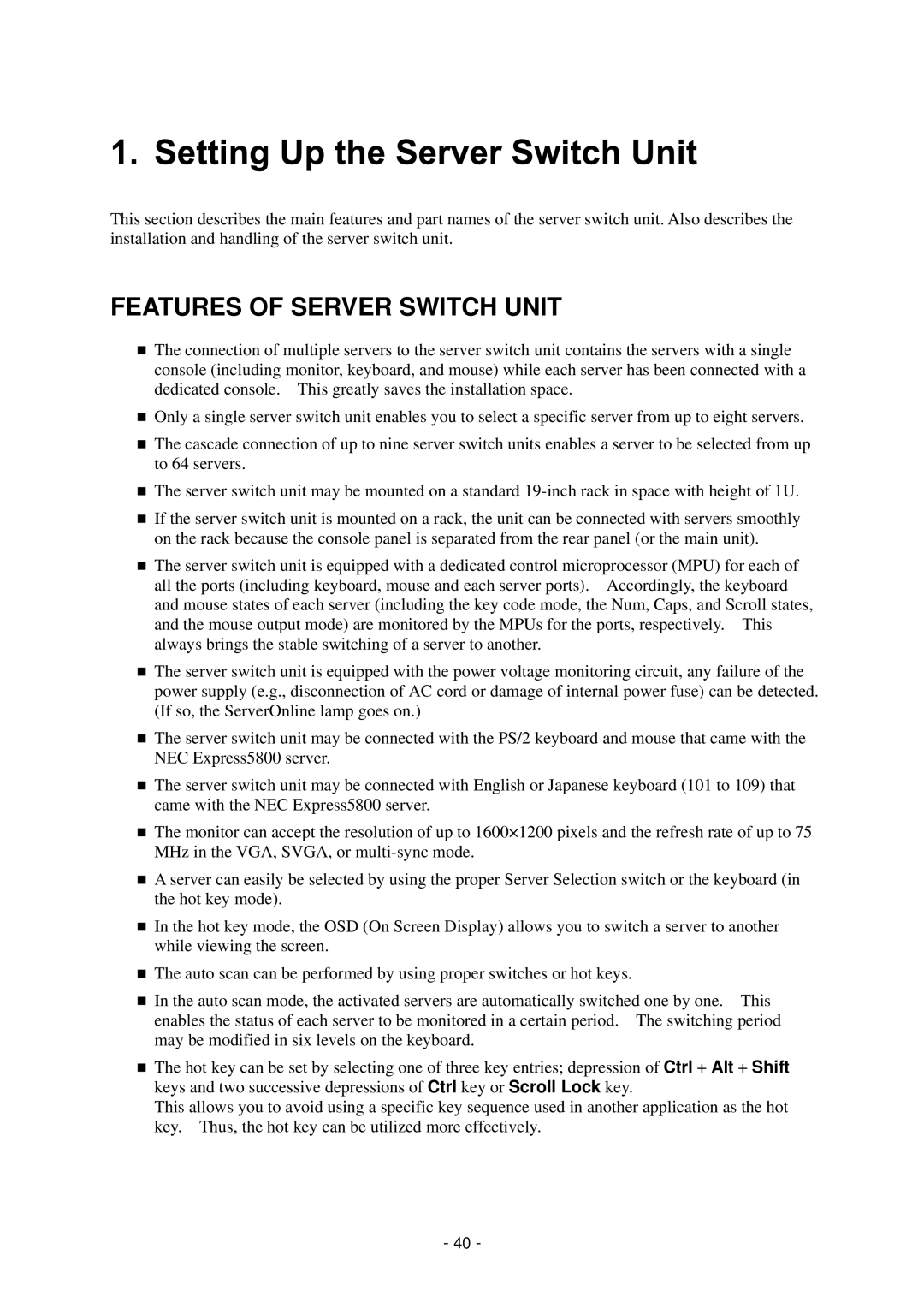 NEC N8191-09 manual Features of Server Switch Unit 