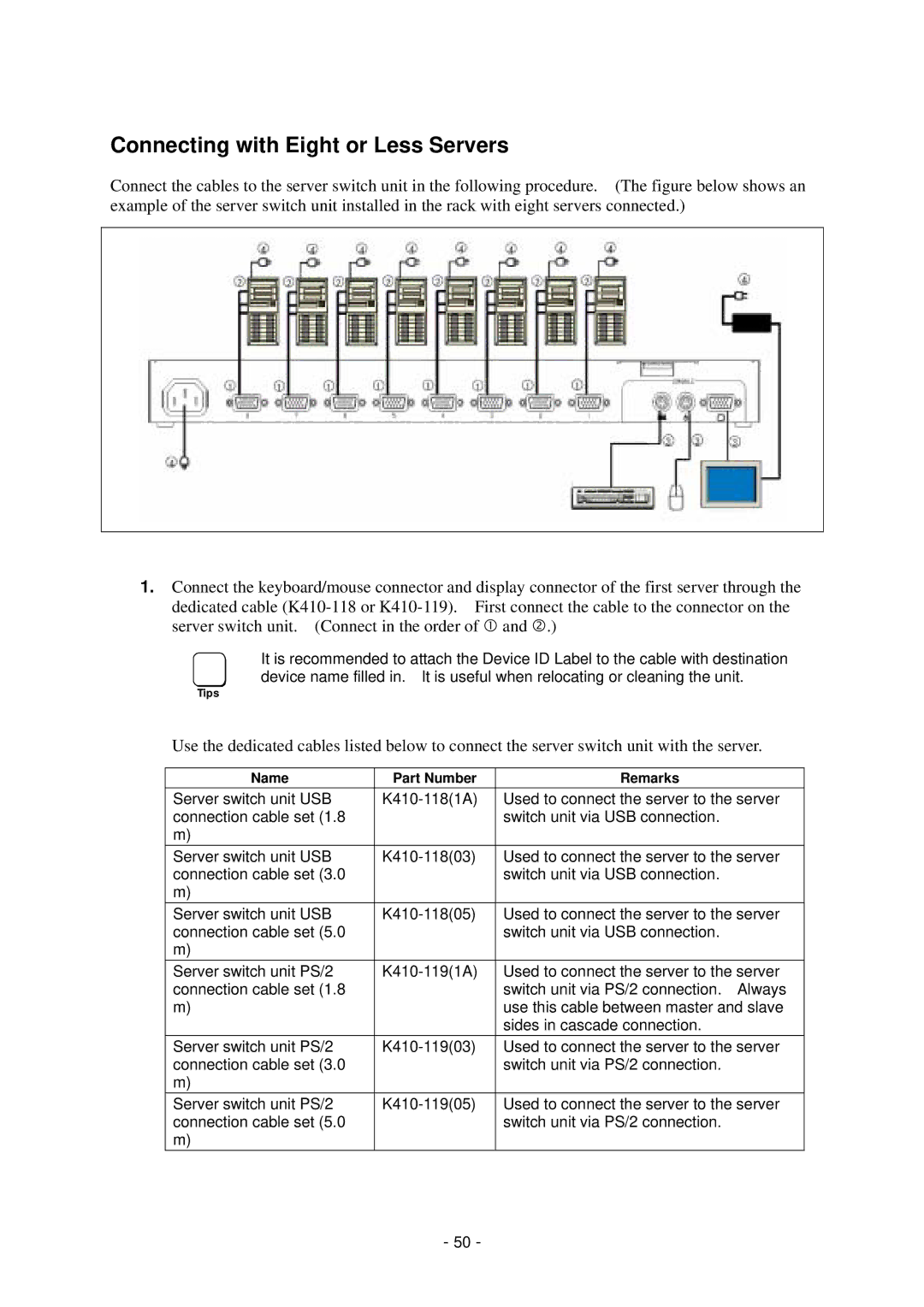 NEC N8191-09 manual Connecting with Eight or Less Servers 