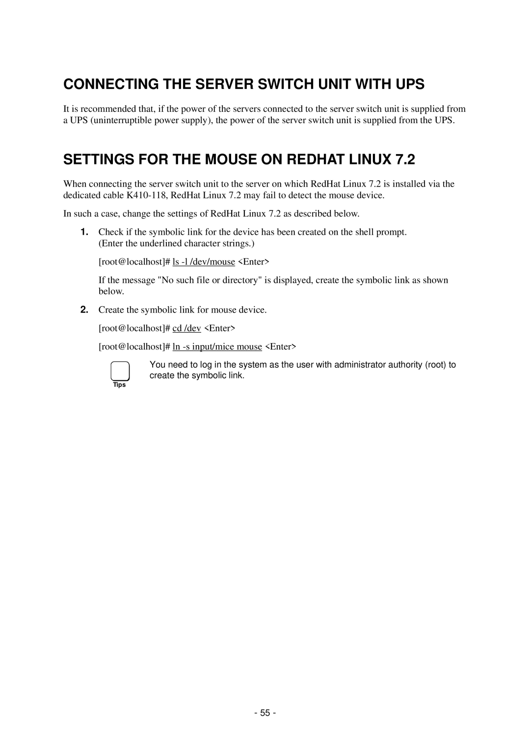 NEC N8191-09 manual Connecting the Server Switch Unit with UPS, Settings for the Mouse on Redhat Linux 