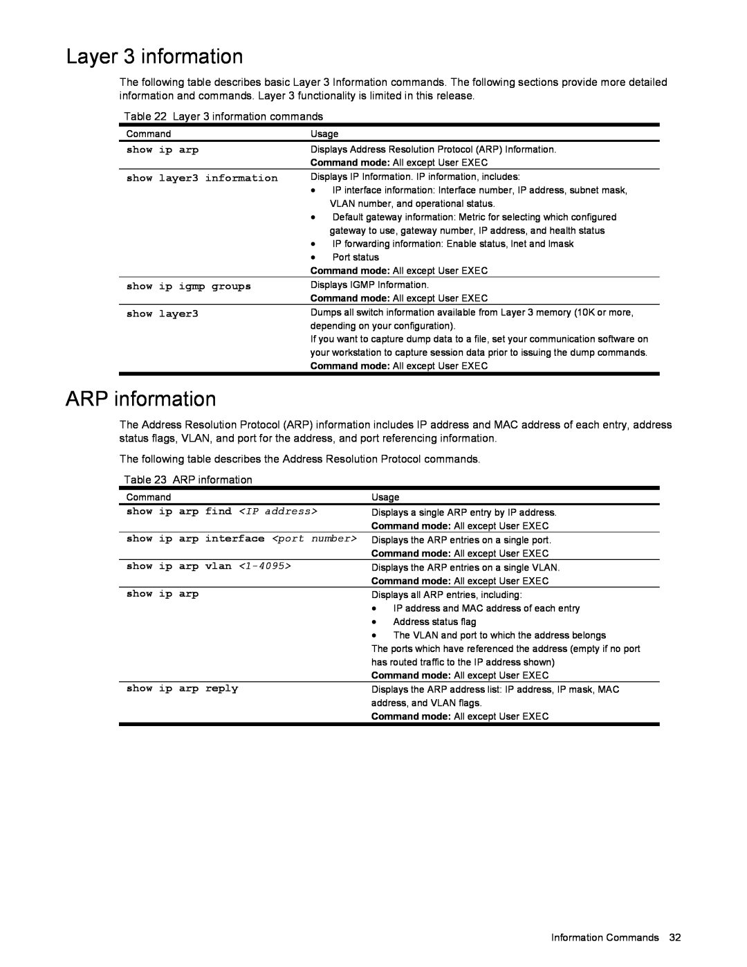NEC N8406-022 manual Layer 3 information, ARP information, show ip arp, show layer3 information, show ip igmp groups 