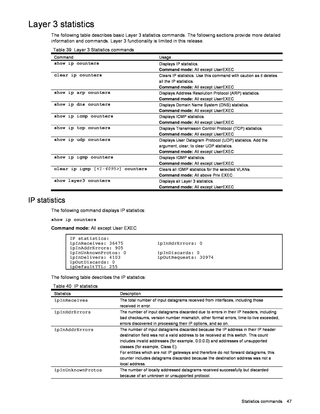 NEC N8406-022 manual Layer 3 statistics, IP statistics 