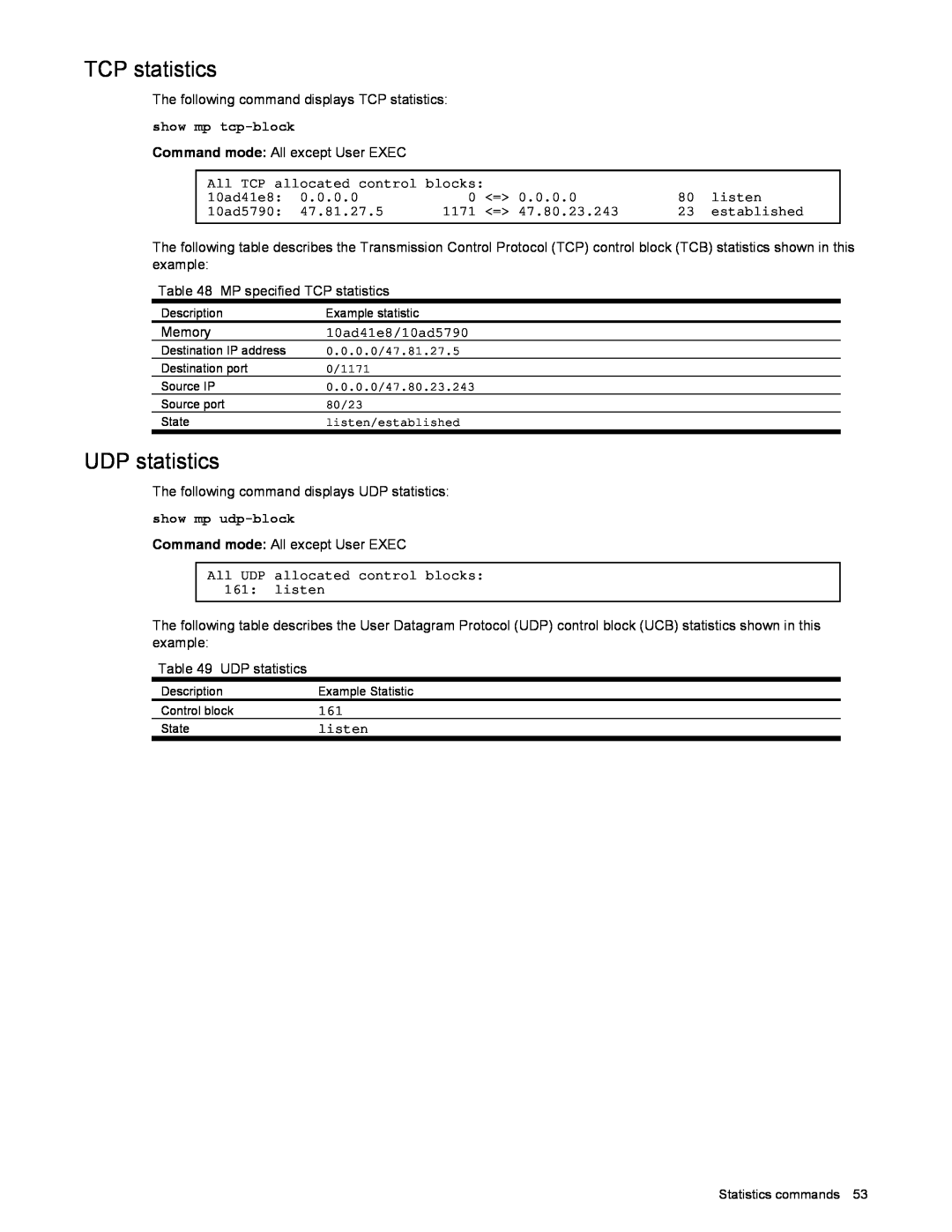 NEC N8406-022 manual UDP statistics, The following command displays TCP statistics 