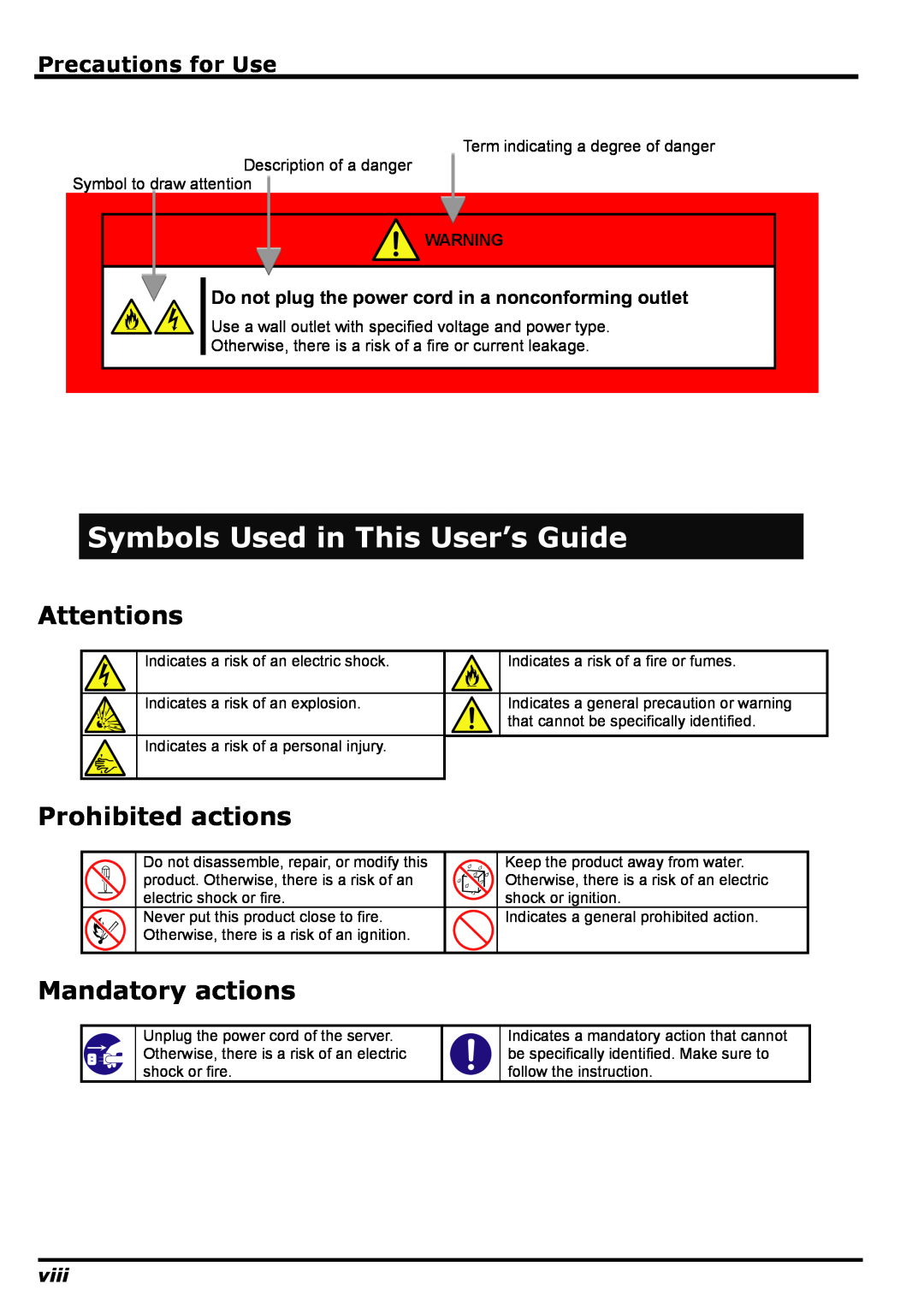 NEC N8406-022 Symbols Used in This User’s Guide, Attentions, Prohibited actions, Mandatory actions, Precautions for Use 