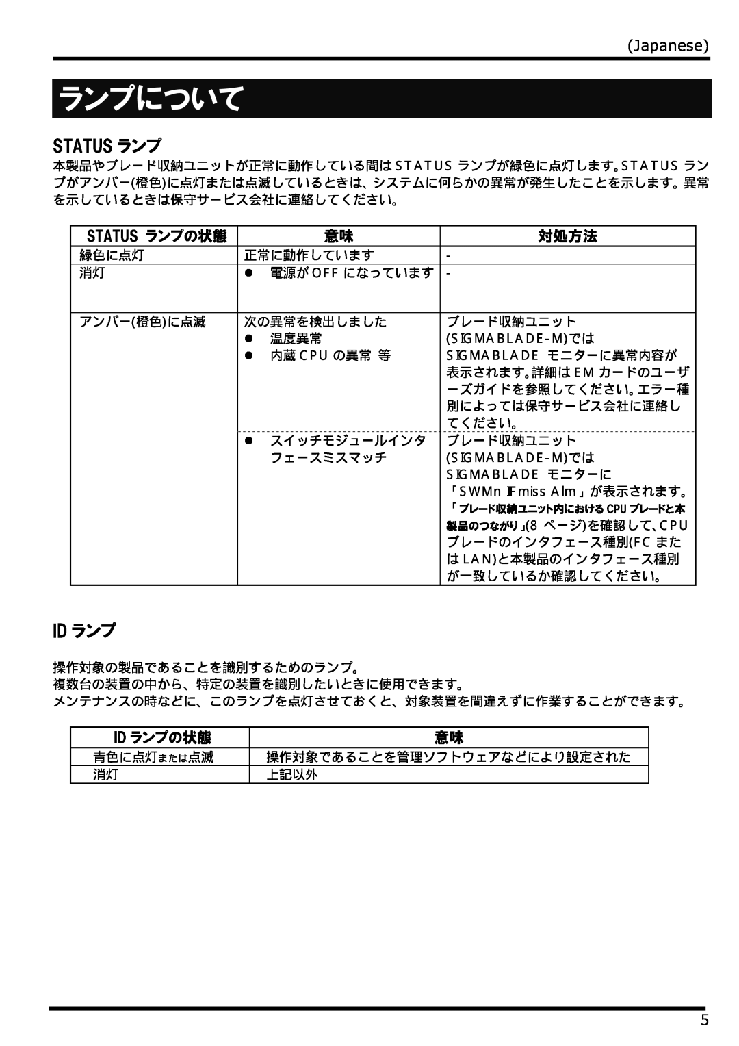 NEC N8406-022 manual ランプについて, Status ランプ, Japanese, 対処方法, Id ランプの状態 