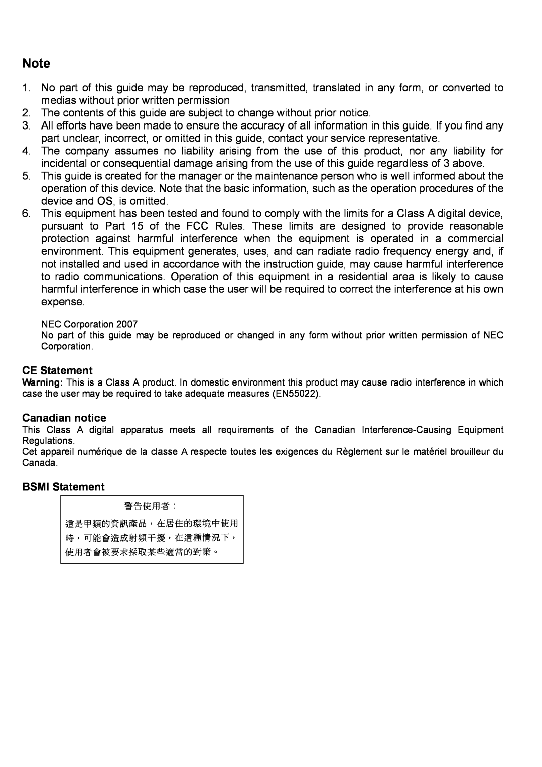 NEC N8406-022 manual CE Statement, Canadian notice, BSMI Statement 