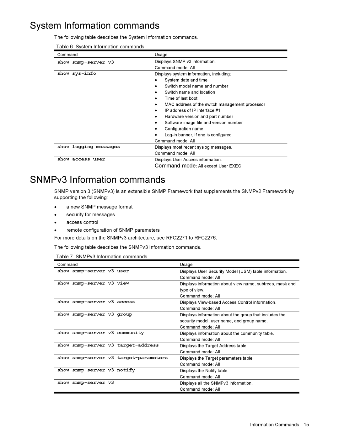 NEC N8406-022 manual System Information commands, SNMPv3 Information commands 