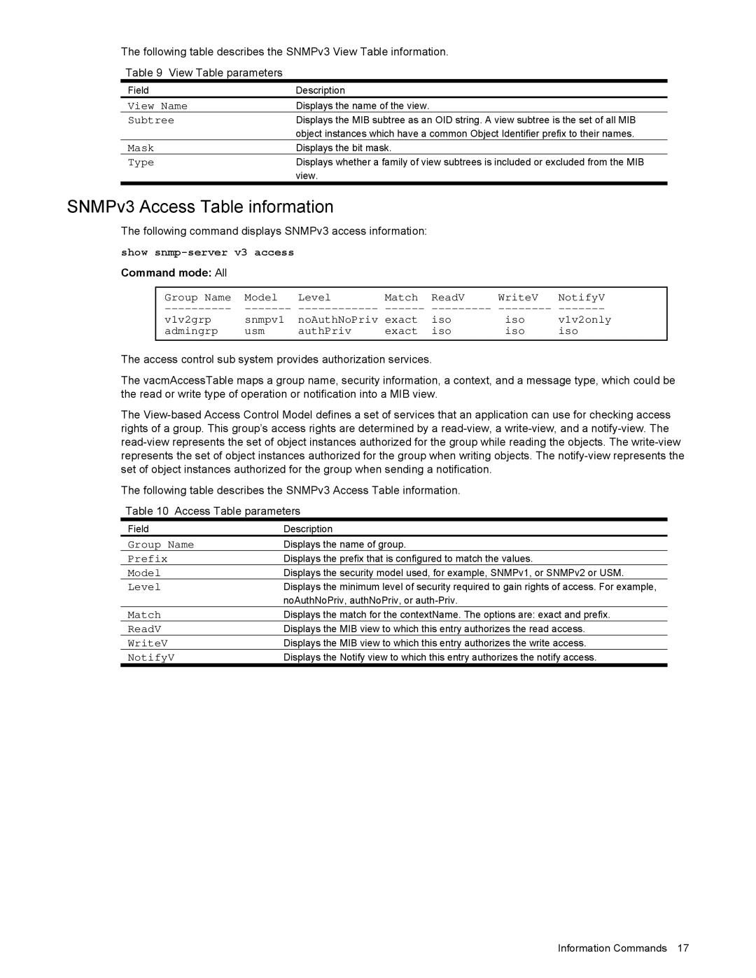 NEC N8406-022 manual SNMPv3 Access Table information, View Name, Group Name, Prefix 