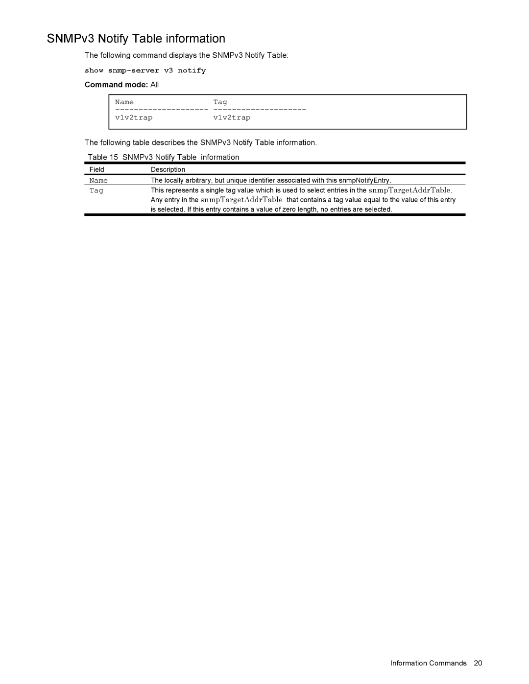 NEC N8406-022 manual SNMPv3 Notify Table information, NameTag V1v2trapv1v2trap 