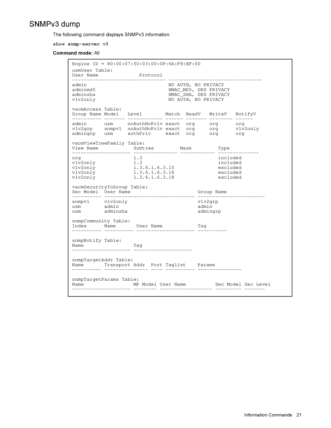 NEC N8406-022 manual SNMPv3 dump, Show snmp-server v3 Command mode All 