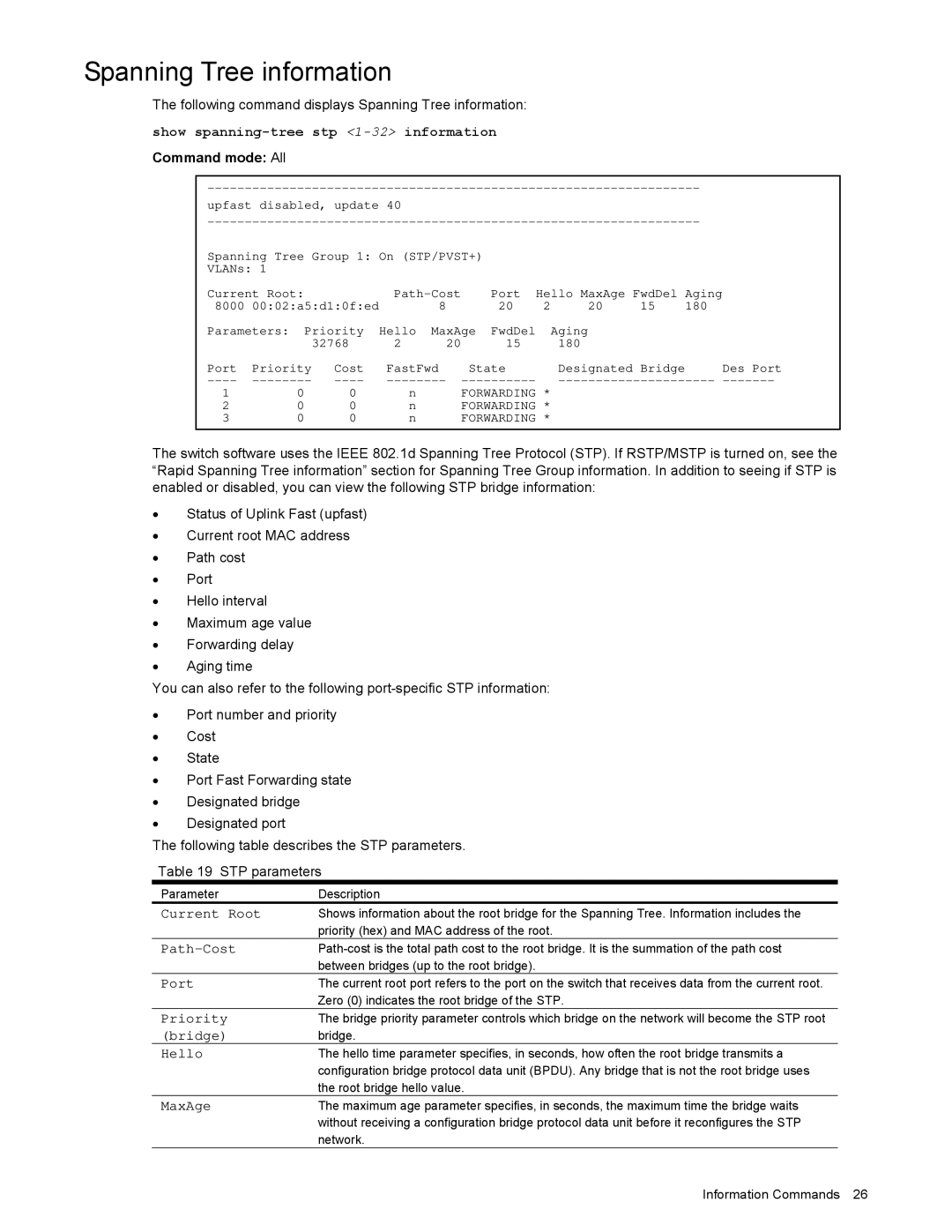 NEC N8406-022 manual Spanning Tree information, Show spanning-tree stp 1-32information 