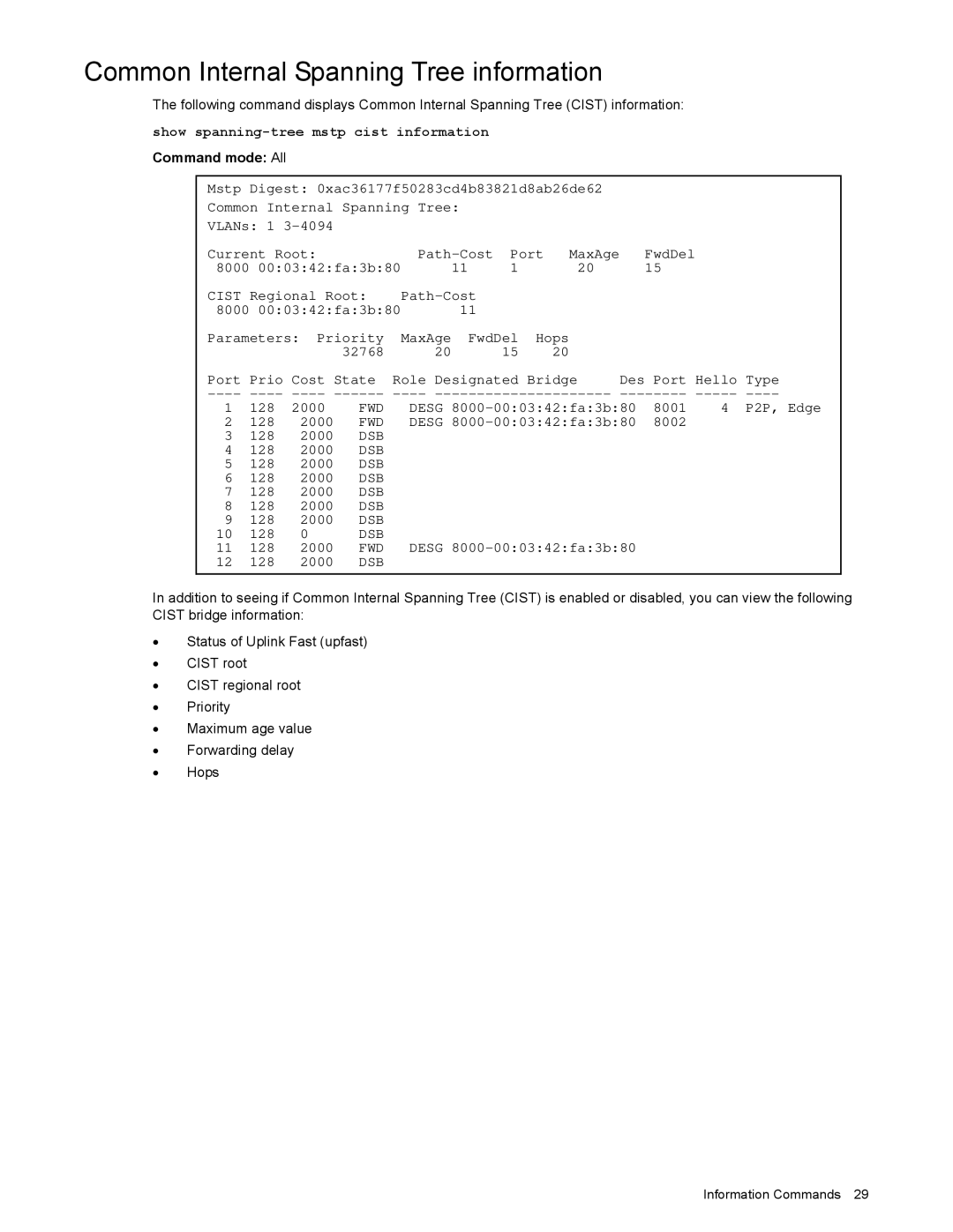 NEC N8406-022 manual Common Internal Spanning Tree information, Desg 8000-000342fa3b80 8001 P2P, Edge 128 2000 