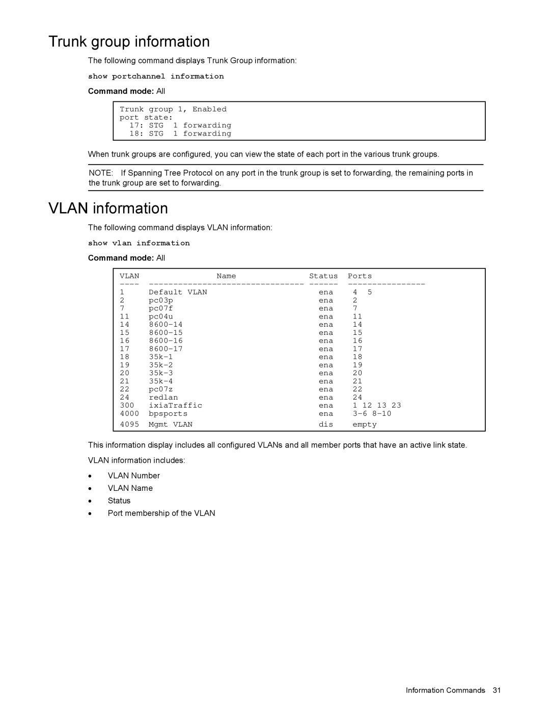 NEC N8406-022 manual Trunk group information, Vlan information, Trunk group 1, Enabled port state STG 1 forwarding 