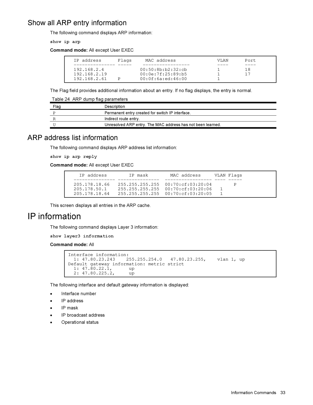 NEC N8406-022 IP information, Show all ARP entry information, ARP address list information, IP address Flags MAC address 