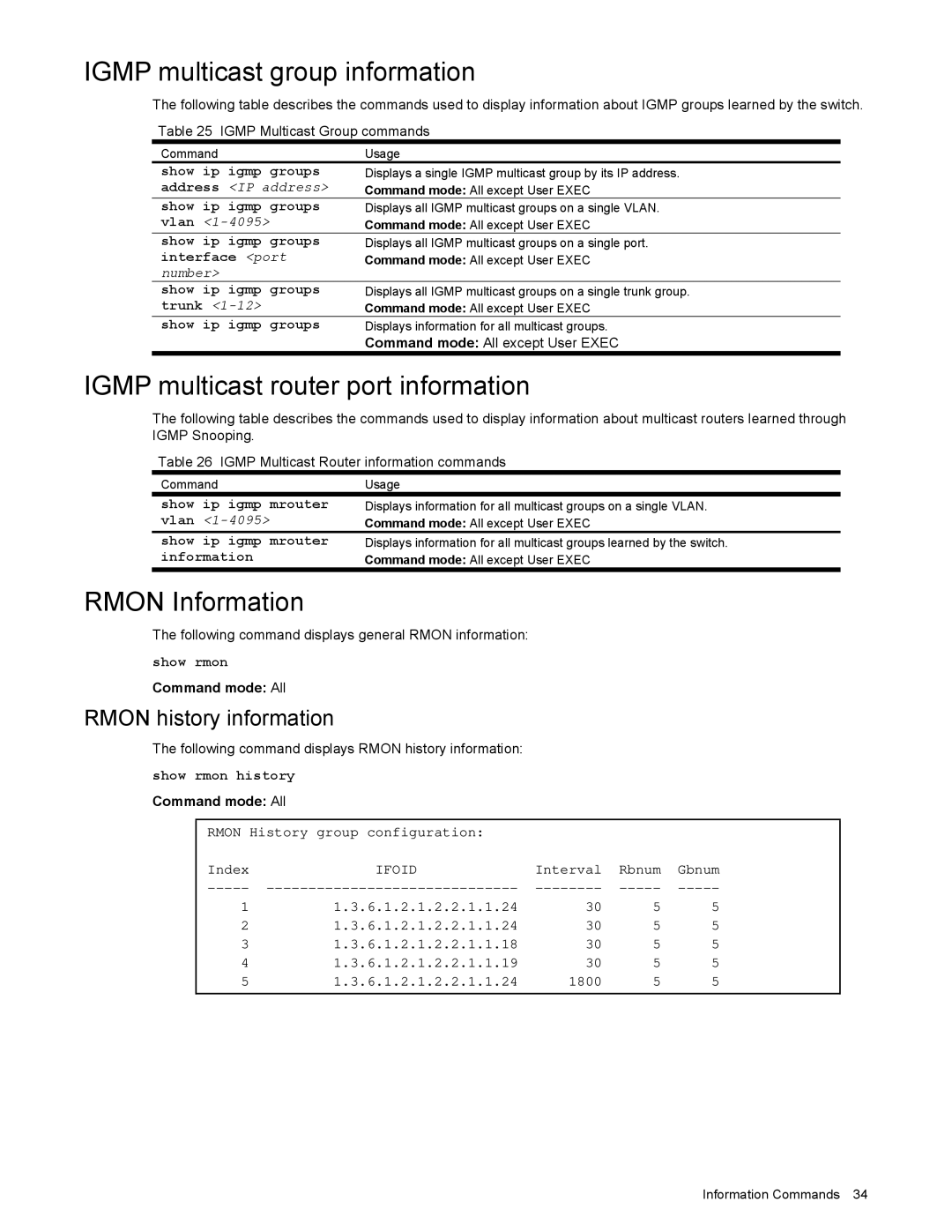 NEC N8406-022 manual Igmp multicast group information, Igmp multicast router port information, Rmon Information 