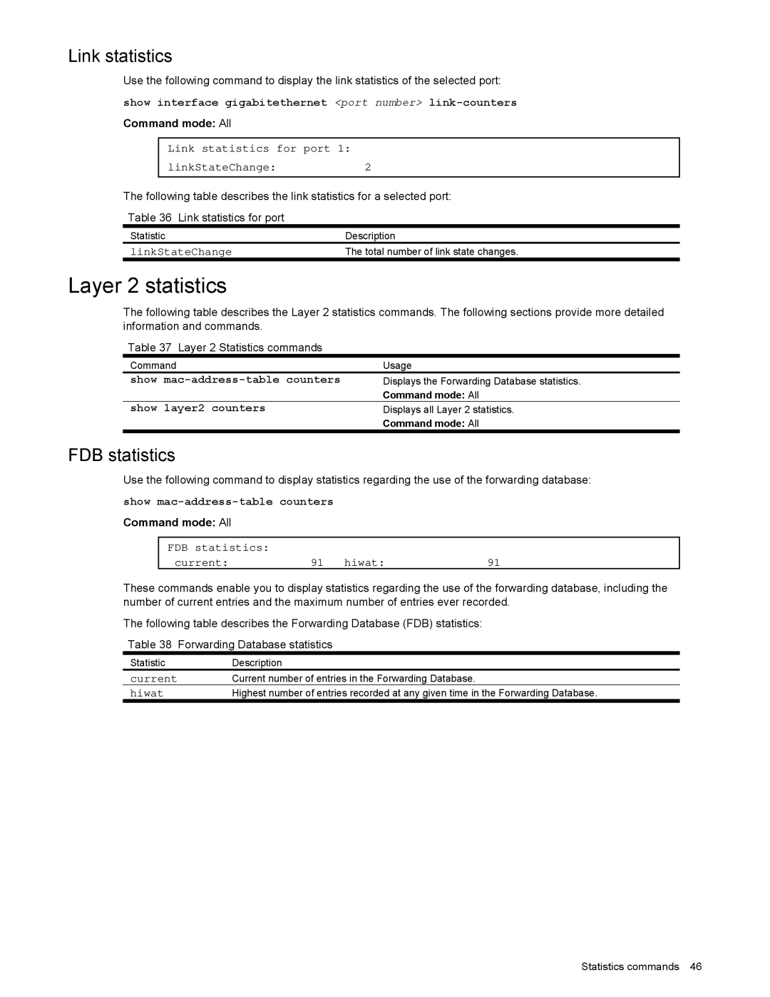 NEC N8406-022 manual Layer 2 statistics, Link statistics, FDB statistics, Show Mac-address-table counters 