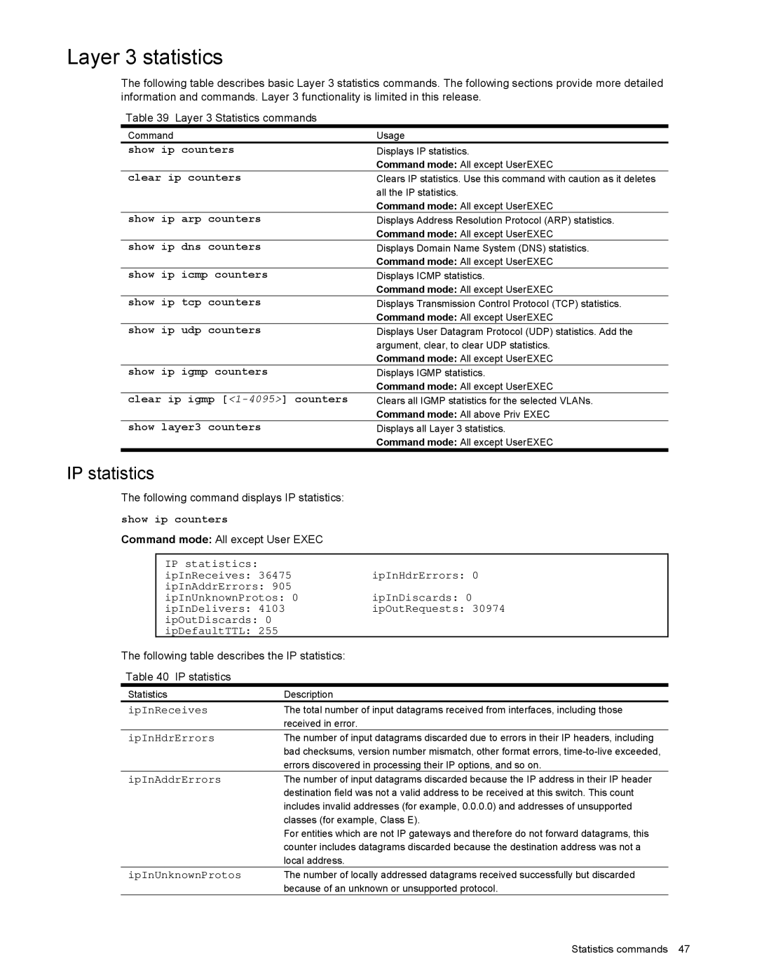 NEC N8406-022 manual Layer 3 statistics, IP statistics 