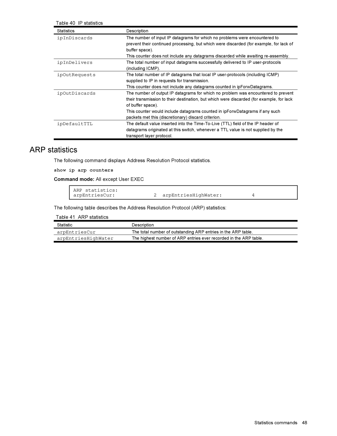 NEC N8406-022 manual ARP statistics ArpEntriesCur ArpEntriesHighWater 