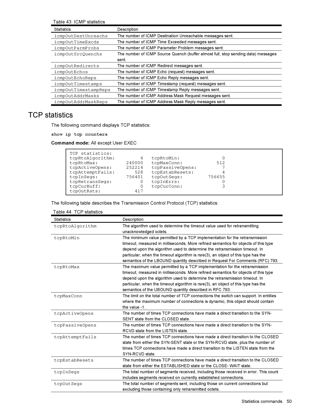 NEC N8406-022 manual TCP statistics, Show ip tcp counters 