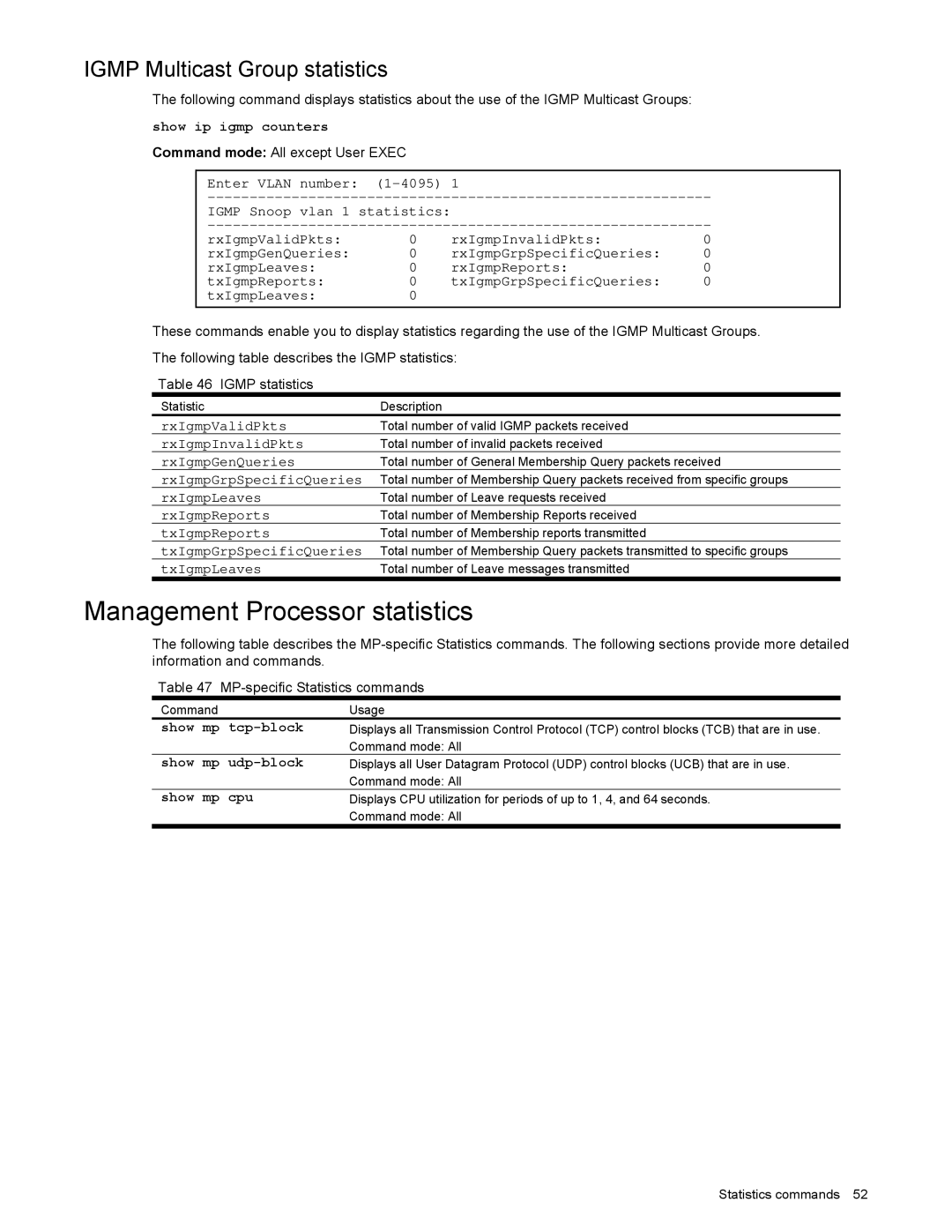 NEC N8406-022 manual Management Processor statistics, Igmp Multicast Group statistics, Show mp tcp-block, Show mp udp-block 