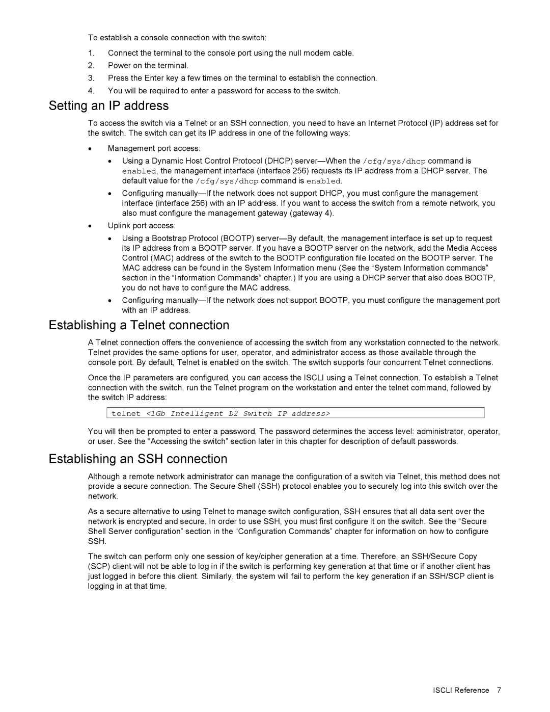 NEC N8406-022 manual Setting an IP address, Establishing a Telnet connection, Establishing an SSH connection 