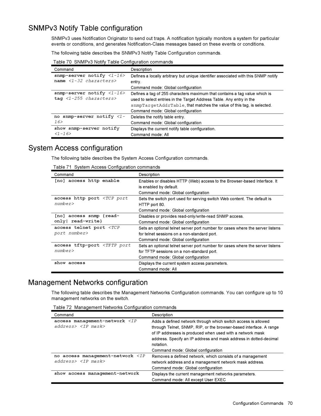 NEC N8406-022 manual SNMPv3 Notify Table configuration, System Access configuration, Management Networks configuration 