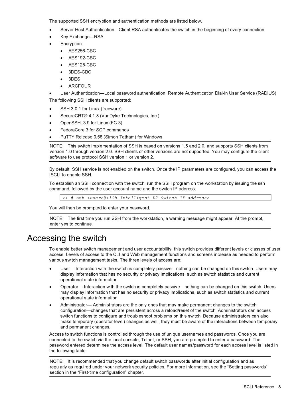 NEC N8406-022 manual Accessing the switch, # ssh user@1Gb Intelligent L2 Switch IP address 