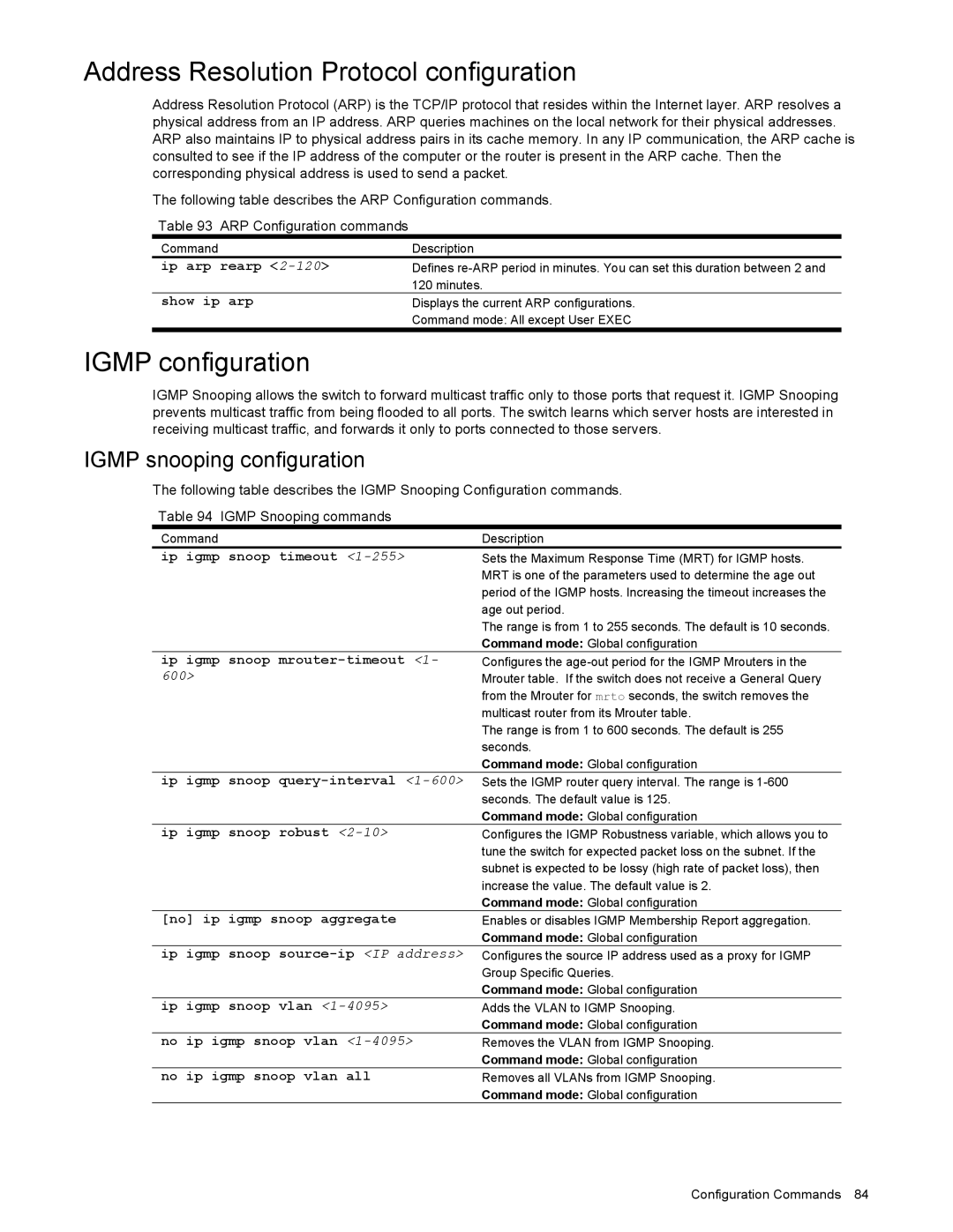 NEC N8406-022 manual Address Resolution Protocol configuration, Igmp configuration, Igmp snooping configuration 