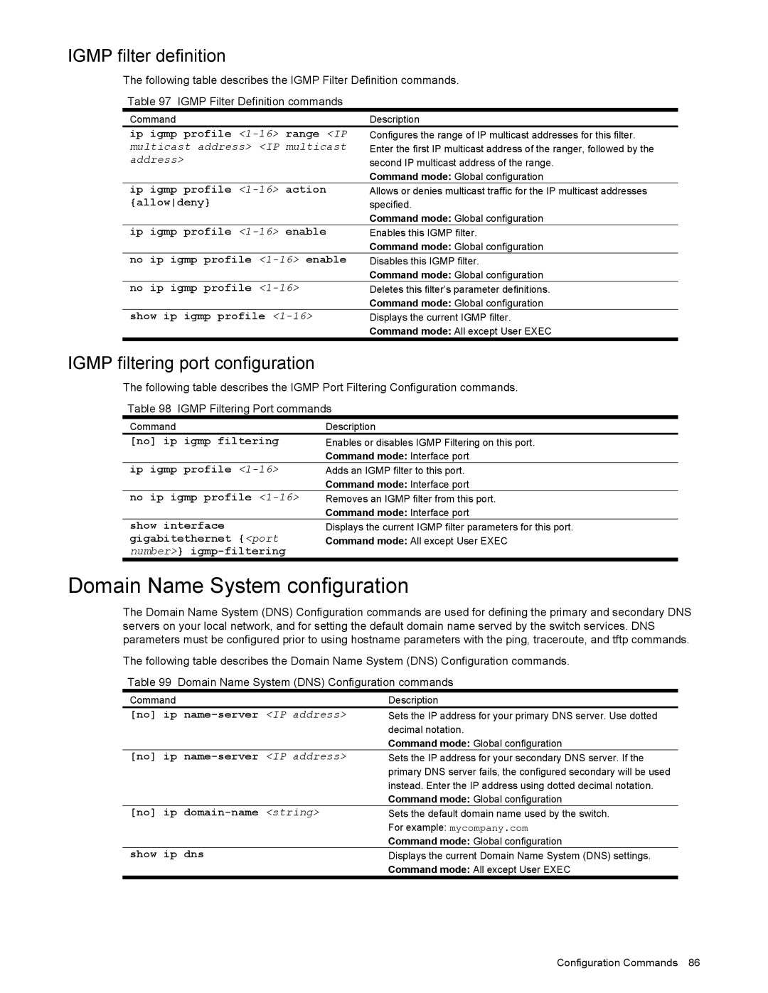 NEC N8406-022 manual Domain Name System configuration, Igmp filter definition, Igmp filtering port configuration 