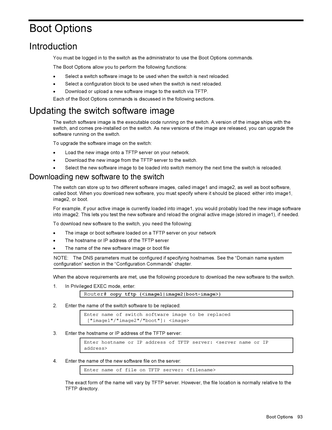 NEC N8406-022 manual Boot Options, Updating the switch software image, Downloading new software to the switch 