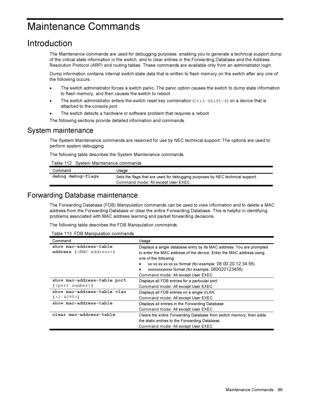 NEC N8406-022 manual Maintenance Commands, System maintenance, Forwarding Database maintenance 