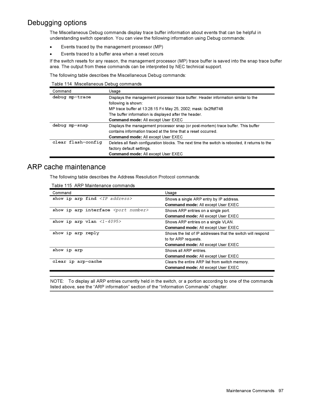 NEC N8406-022 manual Debugging options, ARP cache maintenance 